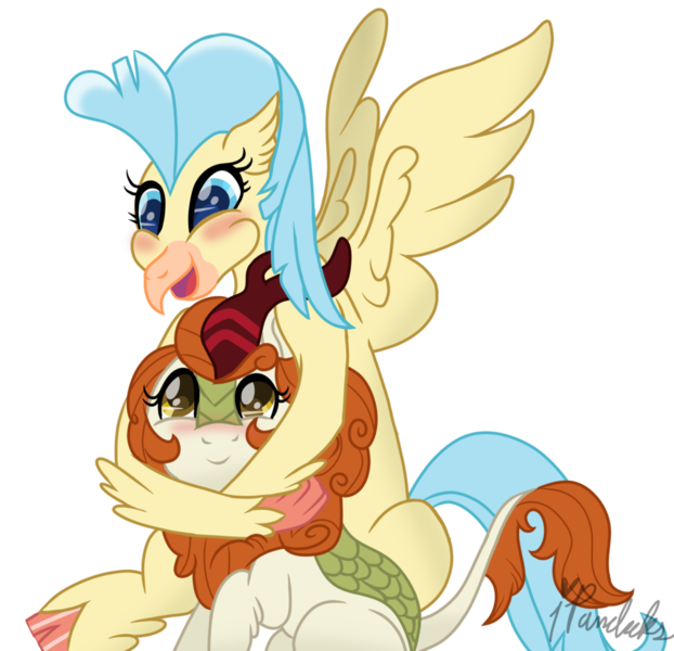 Size: 1280x1234 | Tagged: artist:ipandacakes, autumn blaze, autumnstar, classical hippogriff, crack shipping, derpibooru import, female, hippogriff, hug, kirin, lesbian, my little pony: the movie, princess skystar, safe, shipping, simple background, sounds of silence, spoiler:s08, transparent background