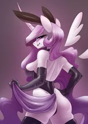 Size: 2480x3508 | Tagged: suggestive, artist:underpable, derpibooru import, part of a set, princess celestia, anthro, princess molestia, ass, breasts, bunny ears, bunny suit, bunnylestia, butt, clothes, cutie mark, evening gloves, female, floating wings, gloves, latex, leotard, licking, licking lips, long gloves, looking at you, looking back, looking back at you, mare, socks, solo, solo female, thigh highs, thong leotard, tongue out, wings