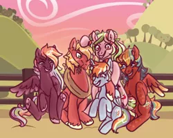 Size: 1024x821 | Tagged: safe, artist:flaredrake20, derpibooru import, big macintosh, rainbow dash, oc, oc:jupiter whirlwind, oc:rosy glow, oc:zap apple blitz, earth pony, pegasus, pony, family, female, male, mare, offspring, parent:big macintosh, parent:rainbow dash, parents:rainbowmac, rainbowmac, shipping, stallion, straight, straw in mouth