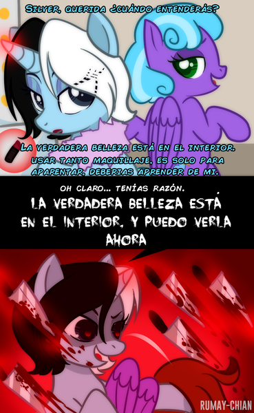 Size: 800x1300 | Tagged: grimdark, artist:rumay-chian, derpibooru import, oc, oc:silver duality, pegasus, pony, unicorn, blood, comic, dialogue, grin, knife, magic, makeup, murder, smiling, spanish