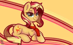 Size: 1280x800 | Tagged: safe, artist:shadowreindeer, derpibooru import, sunset shimmer, pony, unicorn, abstract background, clothes, colored, cute, female, lidded eyes, lying down, mare, prone, scarf, shimmerbetes, solo, wallpaper