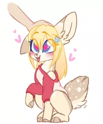 Size: 1280x1536 | Tagged: artist:angelbeat-drift, baggy shirt, bell, blushing, clothes, cloven hooves, cute, deer, derpibooru import, doe, ear down, ear fluff, female, floating heart, fluffy tail, freckles, hairclip, heart, heart eyes, looking up, oc, oc:faith weizenfeld, offscreen character, open mouth, oversized clothes, oversized shirt, petting, safe, shirt, sitting, smiling, tail wag, wingding eyes