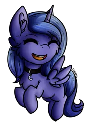 Size: 575x766 | Tagged: safe, artist:deraniel, derpibooru import, princess luna, alicorn, pony, accessories, cheek fluff, chest fluff, collar, cute, ear fluff, eyes closed, female, filly, flying, happy, lunabetes, simple background, smiling, solo, transparent background, wings, woona, younger