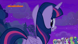 Size: 800x450 | Tagged: safe, derpibooru import, screencap, end zone, fuchsia frost, goldy wings, loganberry, peppe ronnie, sugar maple, twilight sparkle, twilight sparkle (alicorn), alicorn, earth pony, pegasus, pony, a rockhoof and a hard place, animated, background pony, eh, female, friendship student, looking back, male, mare, nickelodeon, raised hoof, shrug, smiling, stallion