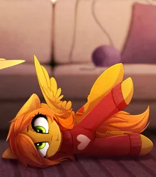 Size: 1101x1252 | Tagged: safe, artist:magnaluna, derpibooru import, oc, oc:camber, unofficial characters only, pegasus, pony, behaving like a cat, clothes, commission, couch, cute, fainting goat, female, heart, mare, ocbetes, scrunchy face, silly, silly pony, solo focus, sweater, yarn, ych result