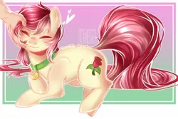 Size: 1500x1000 | Tagged: safe, artist:prjanik, derpibooru import, roseluck, earth pony, human, pony, back fluff, behaving like a cat, collar, cute, digital art, eyes closed, female, fluffy, hand, heart, lying, mare, offscreen character, pet tag, petting, pony pet, rosepet, solo focus