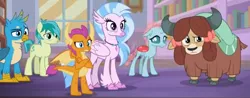 Size: 1874x734 | Tagged: safe, derpibooru import, edit, edited screencap, screencap, gallus, ocellus, sandbar, silverstream, smolder, yona, changedling, changeling, classical hippogriff, dragon, earth pony, gryphon, hippogriff, pony, yak, what lies beneath, bow, cloven hooves, confused, cropped, dragoness, female, hair bow, jewelry, male, monkey swings, necklace, student six