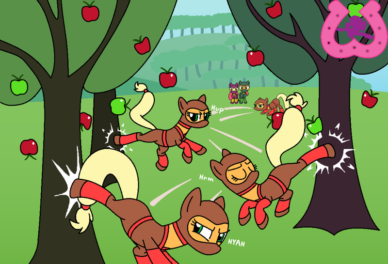 Size: 1024x698 | Tagged: safe, artist:author92, derpibooru import, apple bloom, applejack, babs seed, earth pony, pony, alternate costumes, apple, apple tree, applebucking, applejack mid tree-buck facing the left with 3 apples falling down, applejack mid tree-buck facing the right with 3 apples falling down, applejack mid tree-buck with 3 apples falling down, brightly colored ninjas, falling, food, kicking, kunoichi, mask, ninja, speed clone, sweet apple acres, tree
