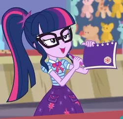 Size: 648x630 | Tagged: safe, derpibooru import, screencap, sci-twi, twilight sparkle, equestria girls, equestria girls series, rollercoaster of friendship, book, clothes, cropped, female, geode of telekinesis, glasses, magical geodes, ponytail, solo