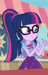 Size: 330x509 | Tagged: safe, derpibooru import, screencap, sci-twi, twilight sparkle, equestria girls, equestria girls series, rollercoaster of friendship, clothes, cropped, cute, geode of telekinesis, glasses, magical geodes, ponytail, skirt, smiling, solo, thumbs up, twiabetes