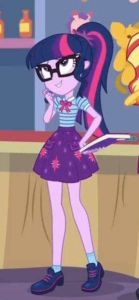 Size: 284x613 | Tagged: safe, derpibooru import, screencap, sci-twi, sunset shimmer, twilight sparkle, equestria girls, equestria girls series, rollercoaster of friendship, book, clothes, cropped, female, geode of telekinesis, glasses, magical geodes, offscreen character, ponytail, shoes, skirt, smiling, solo