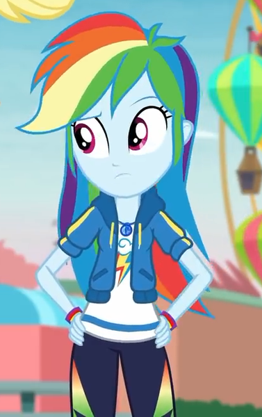 Size: 413x657 | Tagged: safe, derpibooru import, screencap, rainbow dash, equestria girls, equestria girls series, rollercoaster of friendship, clothes, cropped, female, geode of super speed, hands on waist, hoodie, magical geodes, pants