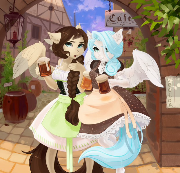 Size: 3027x2925 | Tagged: alcohol, anthro, anthro oc, artist:zlatavector, beer, clothes, commission, derpibooru import, digital art, dress, duo, female, high res, mare, oc, pegasus, safe, unofficial characters only, ych result