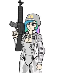 Size: 1280x1600 | Tagged: safe, artist:mkogwheel, derpibooru import, princess celestia, human, armor, breasts, busty princess celestia, cleavage, dog tags, fantasy class, female, gun, humanized, m16a4, simple background, solo, trigger discipline, warrior, warrior celestia, weapon, white background