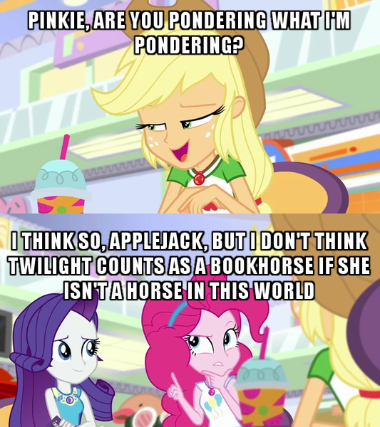 Size: 640x720 | Tagged: safe, derpibooru import, edit, edited screencap, screencap, applejack, pinkie pie, rarity, equestria girls, equestria girls series, rollercoaster of friendship, caption, geode of shielding, geode of sugar bombs, geode of super strength, image macro, implied twilight sparkle, magical geodes, meme, pinky and the brain, pondering, text, thinking