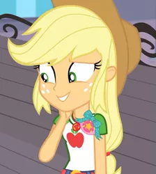 Size: 645x720 | Tagged: safe, derpibooru import, screencap, applejack, equestria girls, equestria girls series, rollercoaster of friendship, arm behind head, clothes, cowboy hat, female, fun inspector, geode of super strength, hat, magical geodes, smiling