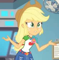 Size: 714x720 | Tagged: safe, derpibooru import, screencap, applejack, equestria girls, equestria girls series, rollercoaster of friendship, belt, clothes, cowboy hat, denim skirt, female, freckles, fun inspector, geode of super strength, hat, magical geodes, skirt, stetson