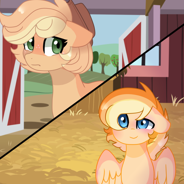 Size: 3000x3000 | Tagged: safe, artist:moon-rose-rosie, derpibooru import, applejack, oc, oc:johnny, pegasus, pony, adopted offspring, colt, male