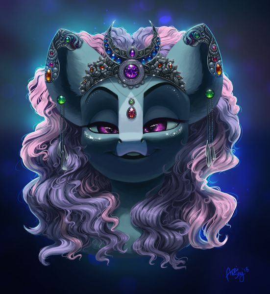 Size: 2912x3170 | Tagged: safe, artist:amishy, derpibooru import, diamond tiara, oc, oc:diamond crown, unofficial characters only, pony, bust, commission, crown, detailed, diamond crown, ear piercing, earring, female, high res, jewelry, looking at you, mare, piercing, regalia, rule 63, smiling, solo, ych result