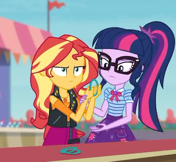 Size: 587x540 | Tagged: safe, derpibooru import, screencap, sci-twi, sunset shimmer, twilight sparkle, equestria girls, equestria girls series, rollercoaster of friendship, clothes, cropped, female, geode of empathy, geode of telekinesis, glasses, jacket, leather jacket, magical geodes, ponytail, shirt, skirt