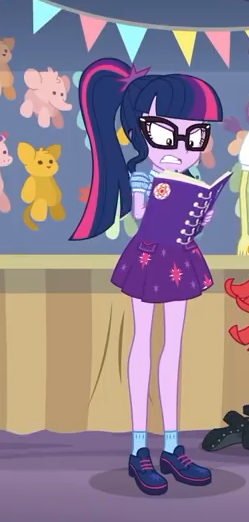 Size: 249x522 | Tagged: safe, derpibooru import, screencap, sci-twi, sunset shimmer, twilight sparkle, equestria girls, equestria girls series, rollercoaster of friendship, angry, book, clothes, cropped, female, glasses, offscreen character, ponytail, shoes, shrunken pupils, skirt, socks