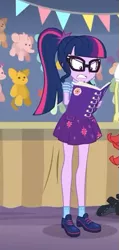 Size: 249x522 | Tagged: safe, derpibooru import, screencap, sci-twi, sunset shimmer, twilight sparkle, equestria girls, equestria girls series, rollercoaster of friendship, angry, book, clothes, cropped, female, glasses, offscreen character, ponytail, shoes, shrunken pupils, skirt, socks