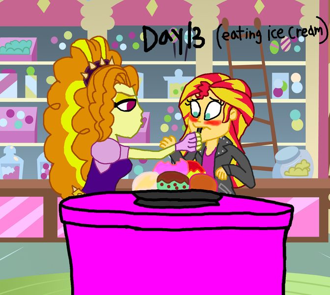 Size: 1572x1404 | Tagged: safe, artist:ktd1993, derpibooru import, adagio dazzle, sunset shimmer, equestria girls, 30 day otp challenge, blushing, feeding, female, food, ice cream, lesbian, shipping, sunsagio