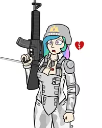 Size: 1280x1600 | Tagged: grimdark, artist:mkogwheel, derpibooru import, princess celestia, human, armor, blood, breasts, bullet hole, busty princess celestia, cleavage, dog tags, fantasy class, female, gun, heart attack, humanized, m16a4, reality ensues, simple background, sniped, solo, soul, trigger discipline, unconvincing armor, undertale, warrior, warrior celestia, weapon, white background