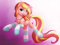Size: 1024x768 | Tagged: safe, artist:novaintellus, derpibooru import, oc, unofficial characters only, pony, unicorn, abstract background, clothes, female, jewelry, looking at you, mare, necklace, smiling, socks, solo, striped socks