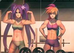 Size: 1400x990 | Tagged: safe, artist:bakki, derpibooru import, aria blaze, rainbow dash, human, equestria girls, abs, aria brute, aria buff, armpits, belly button, biceps, clothes, female, flexing, friendshipping, gym, humanized, midriff, muscles, pigtails, rainbuff dash, shorts, sports bra, sports shorts, twintails, weights