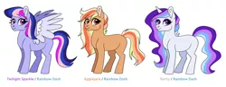 Size: 1024x399 | Tagged: safe, artist:cascayd, derpibooru import, oc, earth pony, pegasus, pony, unicorn, adoptable, female, for sale, magical lesbian spawn, offspring, parent:applejack, parent:rainbow dash, parent:rarity, parent:twilight sparkle, parents:appledash, parents:raridash, parents:twidash, simple background, white background