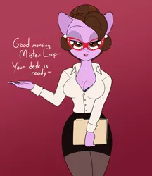 Size: 1600x1852 | Tagged: anthro, anthro oc, artist:sweetfilthyfun, beautiful, bedroom eyes, breasts, businessmare, business suit, button-up shirt, cleavage, clothes, derpibooru import, female, glasses, hair bun, lipstick, mare, miniskirt, oc, oc:ivy rose, open clothes, open shirt, pantyhose, secretary, skirt, skirt suit, suggestive, suit