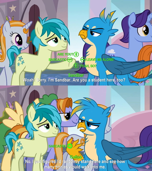 Size: 1920x2160 | Tagged: safe, derpibooru import, edit, edited screencap, screencap, gallus, sandbar, earth pony, gryphon, pony, school daze, comic, dialogue choices, duo focus, fallout, fallout 4, male, sarcasm, screencap comic