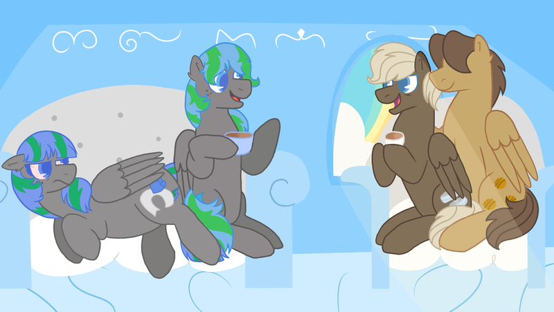 Size: 2017x1136 | Tagged: safe, artist:kindheart525, artist:lazyy-llama, derpibooru import, dumbbell, hoops, oc, oc:feather fieldgoal, oc:storm strike, kindverse, dumbhoops, gay, male, offspring, parent:blossomforth, parent:thunderlane, parents:blossomlane, pregnant, shipping, story included