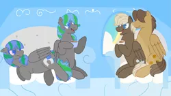 Size: 2017x1136 | Tagged: safe, artist:kindheart525, artist:lazyy-llama, derpibooru import, dumbbell, hoops, oc, oc:feather fieldgoal, oc:storm strike, kindverse, dumbhoops, gay, male, offspring, parent:blossomforth, parent:thunderlane, parents:blossomlane, pregnant, shipping, story included