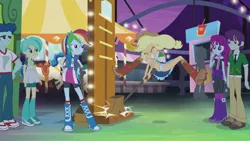 Size: 1024x576 | Tagged: suggestive, artist:remcmaximus, derpibooru import, edit, edited screencap, screencap, applejack, curly winds, mystery mint, rainbow dash, some blue guy, tennis match, equestria girls, perfect day for fun, background human, boots, clothes, commission, compression shorts, cowboy hat, denim skirt, freckles, hat, panchira, panties, panty shot, pantyhose, reality ensues, ripped pantyhose, shoes, short, skirt, skirt lift, socks, stetson, underwear, underwear edit, upskirt, white underwear