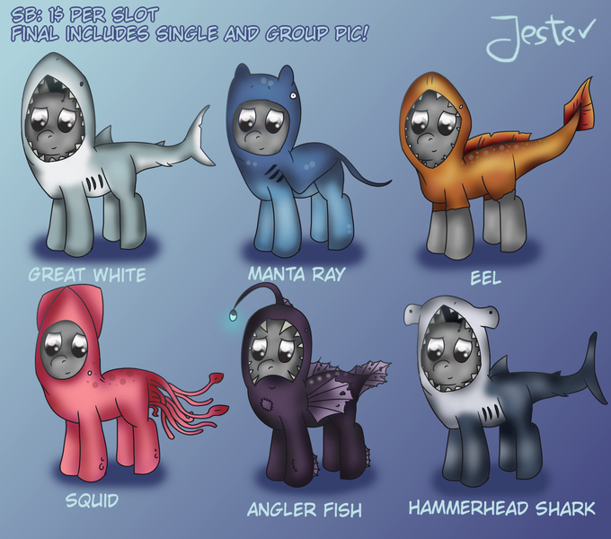 Size: 1700x1500 | Tagged: safe, artist:jesterpi, derpibooru import, oc, angler fish, eel, fish, great white shark, hammerhead shark, pony, shark, squid, animal costume, clothes, commission, costume, cute, hammerhead, kigurumi, manta ray, outfit, outfits, sheet, standing, water, your character here