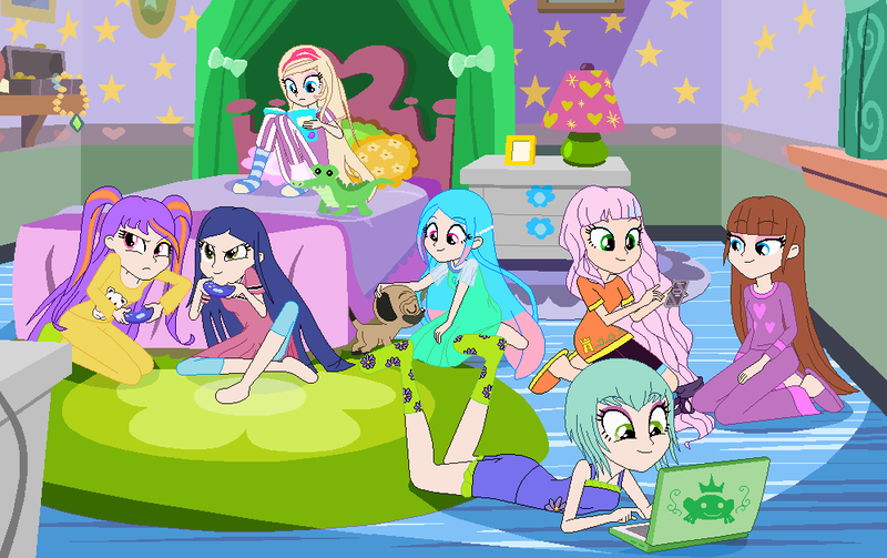 Size: 997x627 | Tagged: safe, artist:rosesweety, derpibooru import, equestria girls, alternate universe, astoria rapunzel, bed, bedroom, computer, equestria girls-ified, human coloration, joy lefrog, laptop computer, lingling ironfan, regal academy, rose cinderella, slumber party