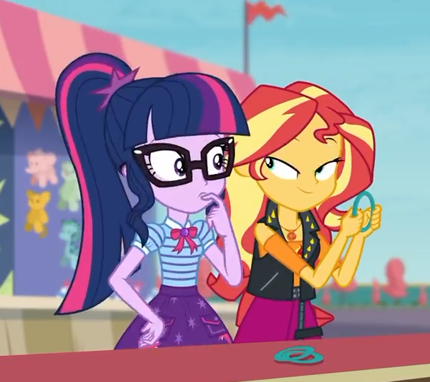 Size: 607x540 | Tagged: safe, derpibooru import, screencap, sci-twi, sunset shimmer, twilight sparkle, equestria girls, equestria girls series, rollercoaster of friendship, clothes, female, finger in mouth, finger sucking, geode of empathy, geode of telekinesis, glasses, jacket, magical geodes, ponytail, skirt