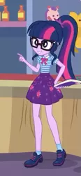 Size: 293x630 | Tagged: safe, derpibooru import, screencap, sci-twi, twilight sparkle, equestria girls, equestria girls series, rollercoaster of friendship, book, clothes, geode of telekinesis, glasses, magical geodes, ponytail, shoes, skirt, smiling, socks