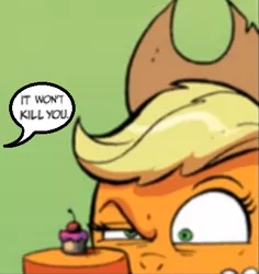 Size: 402x425 | Tagged: applejack, artist:andypriceart, comic, derpibooru import, edit, editor:symphonic sync, food, idw, neigh anything, raised eyebrow, safe, spoiler:comic11