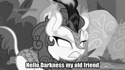 Size: 1920x1080 | Tagged: autumn blaze, caption, derpibooru import, edit, edited screencap, hello darkness my old friend, image macro, kirin, meme, monochrome, safe, screencap, simon and garfunkel, song reference, sounds of silence, text, the sound of silence, title joke