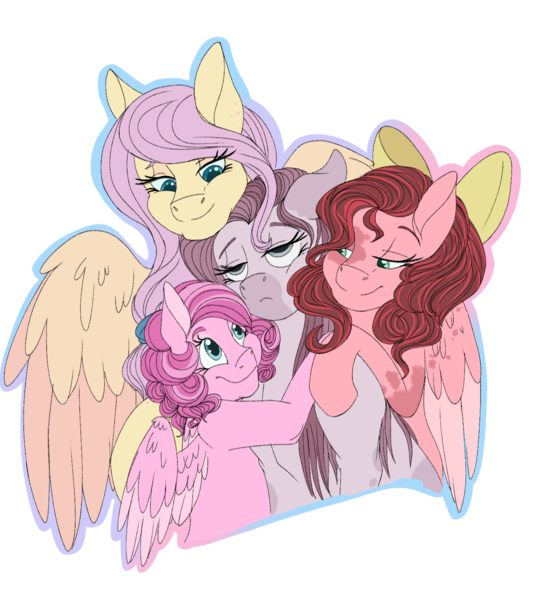 Size: 1506x1619 | Tagged: alternate design, alternate universe, artist:absolutecactus, derpibooru import, entroverse, family photo, female, fluttershy, lesbian, magical lesbian spawn, nextgen:entroverse, next generation, oc, oc:hush puppy, oc:sugar puff, offspring, parent:fluttershy, parent:pinkie pie, parents:flutterpie, pinkamena diane pie, pinkie pie, safe, simple background, transparent background