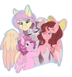 Size: 1506x1619 | Tagged: alternate design, alternate universe, artist:absolutecactus, derpibooru import, entroverse, family photo, female, fluttershy, lesbian, magical lesbian spawn, nextgen:entroverse, next generation, oc, oc:hush puppy, oc:sugar puff, offspring, parent:fluttershy, parent:pinkie pie, parents:flutterpie, pinkamena diane pie, pinkie pie, safe, simple background, transparent background