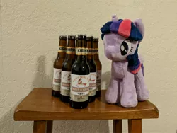 Size: 4032x3024 | Tagged: 4de, alcohol, artist:capt. silver spur, artist:dragonchaser123, autumn blaze, awwtumn blaze, beer, cute, derpibooru import, irl, kirin, kirin beer, kirin ichiban, photo, plushie, pun, safe, sounds of silence, twilight sparkle, visual pun