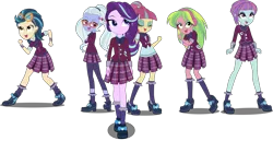 Size: 5904x3045 | Tagged: safe, artist:aqua-pony, artist:xebck, derpibooru import, edit, vector edit, indigo zap, lemon zest, sour sweet, starlight glimmer, sugarcoat, sunny flare, equestria girls, friendship games, absurd resolution, alternate mane six, clothes, crystal prep academy, crystal prep academy uniform, crystal prep shadowbolts, cute, glasses, goggles, high heels, pleated skirt, school uniform, sextet, shadow, shadow five, shoes, simple background, skirt, smiling, socks, transparent background, vector