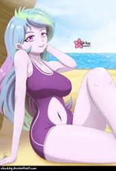 Size: 678x1000 | Tagged: safe, artist:clouddg, derpibooru import, princess celestia, equestria girls, armpits, beach, belly button, big breasts, breasts, busty princess celestia, clothes, female, navel cutout, ocean, one-piece swimsuit, praise the sun, principal celestia, sand, sexy, signature, solo, swimsuit, thighs