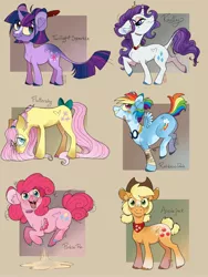 Size: 1536x2048 | Tagged: safe, artist:catlovergirl, artist:rubenite, derpibooru import, applejack, fluttershy, pinkie pie, rainbow dash, rarity, twilight sparkle, classical unicorn, pegasus, pony, unicorn, alternate design, applejack's hat, bandage, bandaid, bandana, blaze (coat marking), bow, chibi, cloven hooves, coat markings, colored eartips, colored hooves, cowboy hat, crown, dappled, ear fluff, earth pony fluttershy, eyeshadow, feather in hair, female, glasses, goggles, hair bun, hat, image, jewelry, jpeg, jumping, leonine tail, long hair, looking at you, makeup, mane six, mare, necklace, open mouth, pegasus pinkie pie, pigtails, ponytail, race swap, redesign, short tail, small wings, smiling, tail bow, tooth gap, twitterina design, unshorn fetlocks, wings