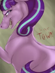 Size: 768x1024 | Tagged: safe, artist:catlovergirl, artist:rubenite, derpibooru import, starlight glimmer, pony, abstract background, evil grin, female, grin, hoers, horse teeth, looking at you, mare, narrowed eyes, smiling, solo, text