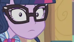 Size: 1280x720 | Tagged: safe, derpibooru import, screencap, sci-twi, twilight sparkle, equestria girls, equestria girls series, the last day of school, :c, canterlot high, close-up, frown, geode, geode of telekinesis, glasses, looking at you, magical geodes, sad